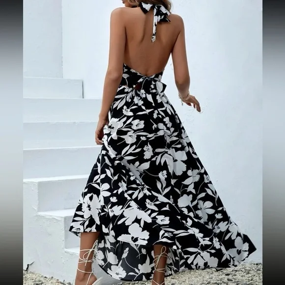 Boho Tropical Floral Print Criss Cross Back Tie Backless Halter Dress Black - Picture 6 of 6